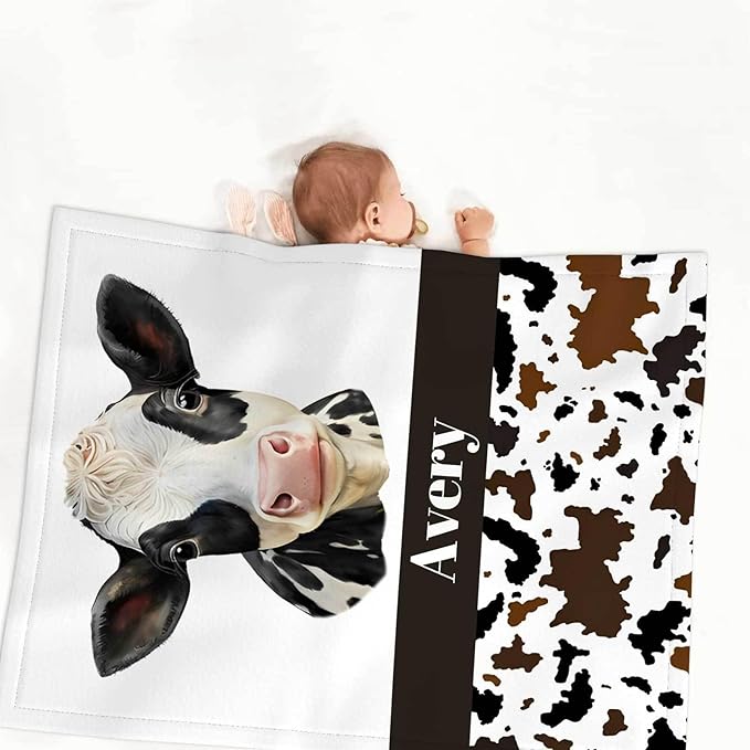 Custom Farm Cow Nursery Bedding Set – Personalized Name 3-Piece Crib Set for Baby Boys, Soft Blanket, Fitted Sheet & Pillowcase – Shower Gift for Baby & Nursery Decor
