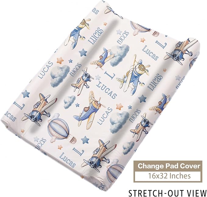 Custom Name Crib Bedding Set 3-Piece – Toy Airplane Design Baby Bedding Set with Personalized Soft Blanket, Fitted Sheet, Changing Pad Cover – Ideal Newborn Gift for Boys and Girls