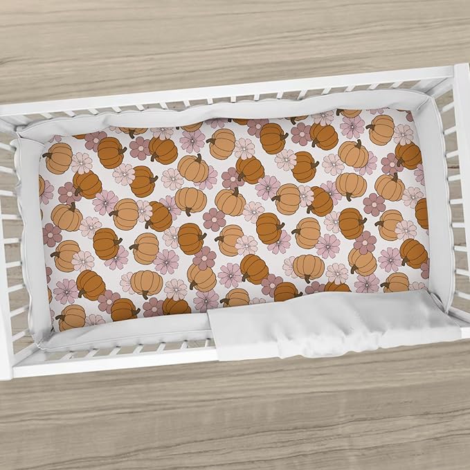 Vintage Pumpkin Boho Floral Baby Crib Sheets Fall Pumpkin Autumn Floral Soft Breathable Baby Sheets Autumn Thanksgiving Harvest Fitted Crib Mattress Cover for Standard Mattress 28x52in