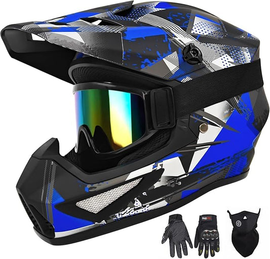 Youth Kids Motocross Helmet, Adult ATV Dirt Bike Helmet with Goggles Gloves & Mask Quick, Full Face Motorcycle Helmet with Quick Release Buckle DOT Certified