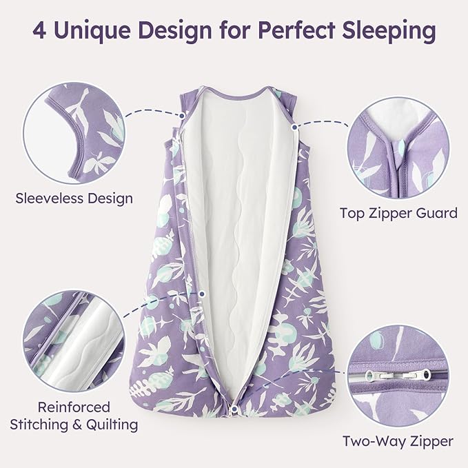 Baby Sleep Sack 18-24 Months TOG 2.5 Winter Baby Wearable Blanket, 100% Cotton Toddler Sleeping Sack with 2-Way Zipper Warm Soft Purple Leaf