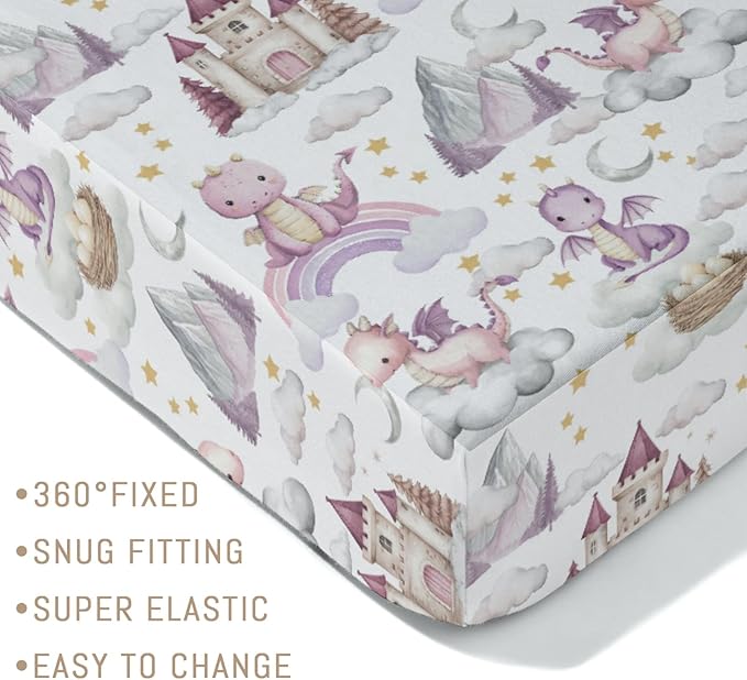 Pink Baby Dragons Crib Sheets for Boy Girl Fairytale Dragon Castle Trees Moon Rainbow Soft Stretchy Fitted Crib Mattress Cover for 52''x28'' Standard Crib & Toddler Mattress Fantasy Animal Bed Sheet