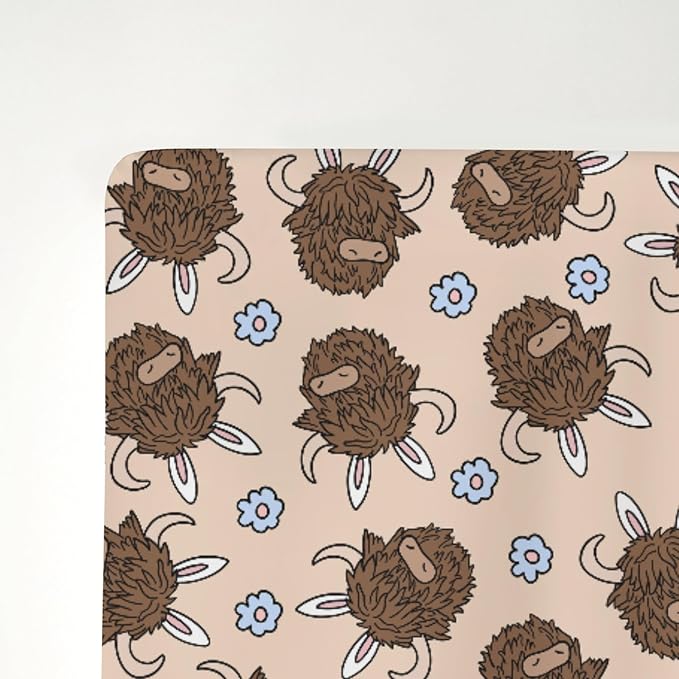 Highland Cow Easter Bunny Ears Baby Crib Sheets for Boy Girl 52x28Inch Western Cows Easter Bunnies Soft Stretchy Fitted Crib Mattress Cover Cow Lover Baby Sheet for Standard Crib and Toddler Mattress