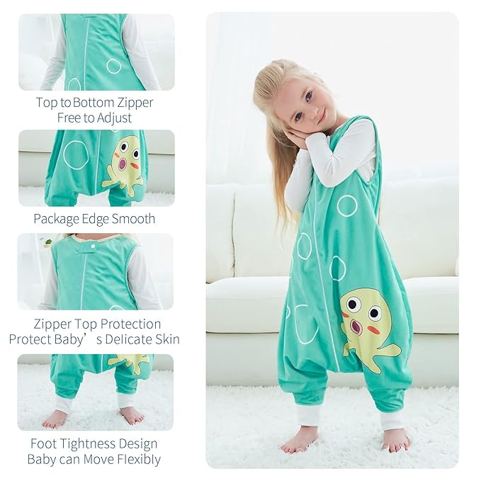 MICHLEY Toddler Sleeping Sack with Feet Newborn Infant Sleeveless Sleeping Bag 2-way Zipper Baby Wearable Blanket for Walkers,Green Octopus,3-5T