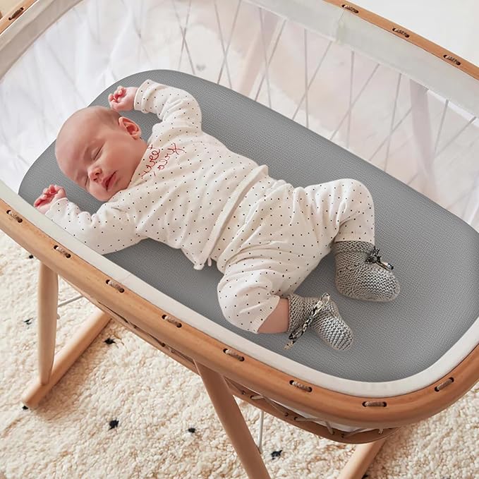 Muslin Bassinet Fitted Sheets 2 Pack, 100% Cotton Baby Cradle Sheets in Solid Green & Gray, Soft Breathable Mattress Covers for Boys & Girls, Fit Hourglass, Oval & Rectangle Pads