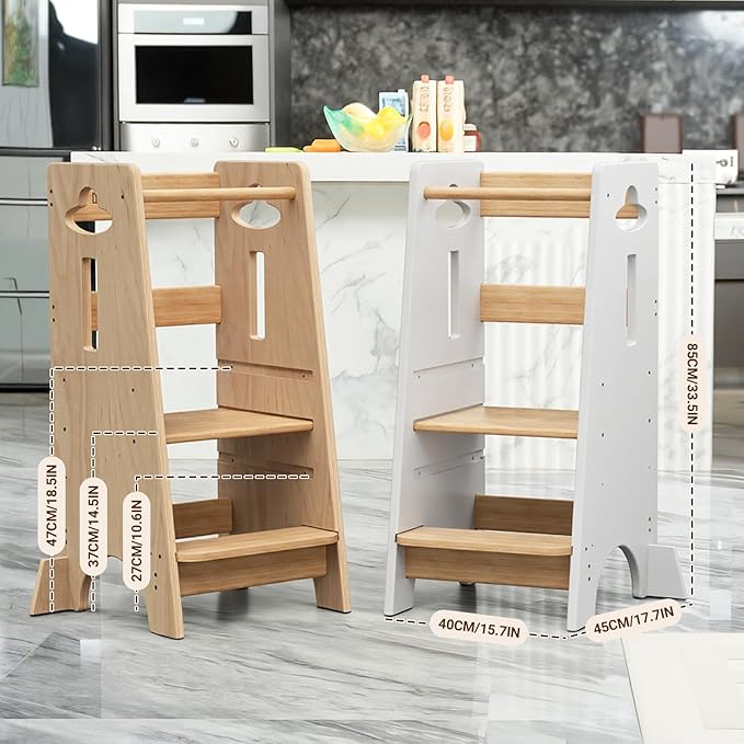 COSYLAND 3 Levels Adjustable Toddler Standing Tower - 33.5IN/85CM Stable Kids Kitchen Step Stool with Protective Crossbar - Wooden Toddler Kitchen Stool Helper(All Natural)