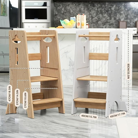 COSYLAND 3 Levels Adjustable Toddler Standing Tower - 33.5IN/85CM Stable Kids Kitchen Step Stool with Protective Crossbar - Wooden Toddler Kitchen Stool Helper(All Natural)