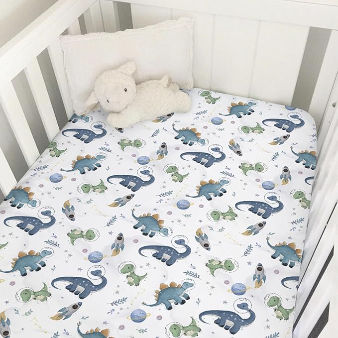 Watercolor Space Dinosaurs Baby Crib Sheet 52''x28'' Cute Dinosaur Rockets Planet Stars Leaves Snug Fitted Crib Mattress Cover for Boy Girl Soft Baby Bed Sheet for Standard Crib and Toddler Mattress