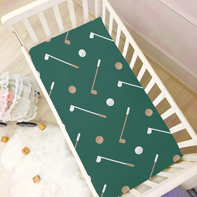 Golf Sports Pattern Green Crib Sheets Soft Breathable Fitted Baby Crib Sheets Mattress Cover for Girls Boy, 52" x 28" x 9"