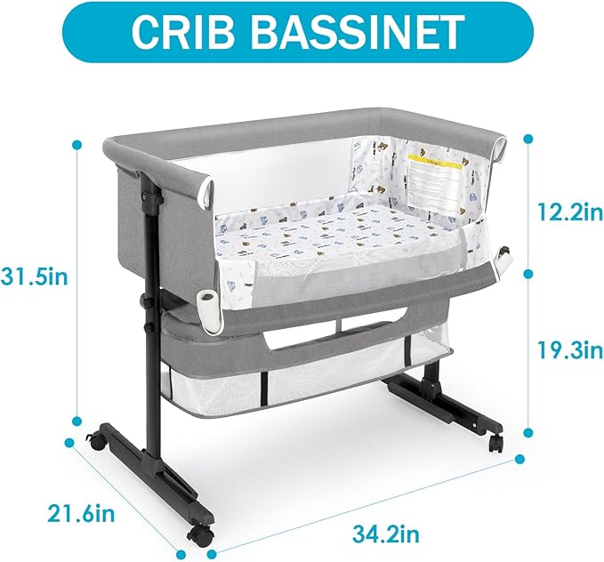 Baby Bassinet, Baby Basinet Bedside Sleeper, Easy to Fold Portable Crib Side Bassinet 2025new Style Girl/boy bassinets(Light Grey)
