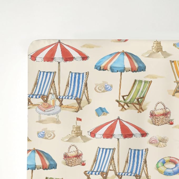 Fun Beach Days Baby Crib Sheets for Boy Girl 52"x28" Umbrella Beach Balls Summer Soft Stretchy Fitted Crib Mattress Cover Seaside Coastal Nursery Baby Sheet for Standard Crib & Toddler Mattress