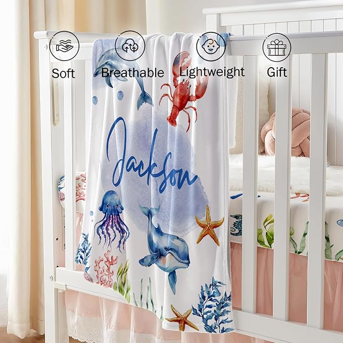 Custom Baby Crib Bedding Set, Personalized Name Marine Animals Theme Crib Set 3 Pcs, Soft Double Layer Blanket, Crib Sheet & Room Rug, Ideal Nursery Decor Gift for Baby Girls Boys