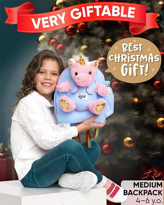 Naturally KIDS 【Upgraded】 Medium Backpack w Removable Pink Unicorn Toy for Girls Age 4-7 | Side & Inner Pockets, Reflective Logo, Name Tag | Unicorn Gifts for 5 Year Old Girls – Medium size