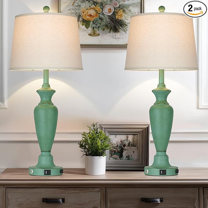 Cinyirong 30" Tall Metal Table Lamps Set of 2, Touch Control Bedside Lamps for Bedroom Nightstand, 3-Way Dimmable Farmhouse Lamp for Living Room with Charging Ports, Retro Green (2 LED Bulbs Included)