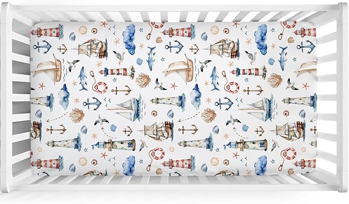 Watercolor Sailing Adventure Baby Crib Sheet 52''x28'' Nautical Life Lighthouse Boat Anchor Stretchy Fitted Crib Mattress Cover Boy Girl Beach Summer Baby Bed Sheet for Standard Crib Toddler Mattress