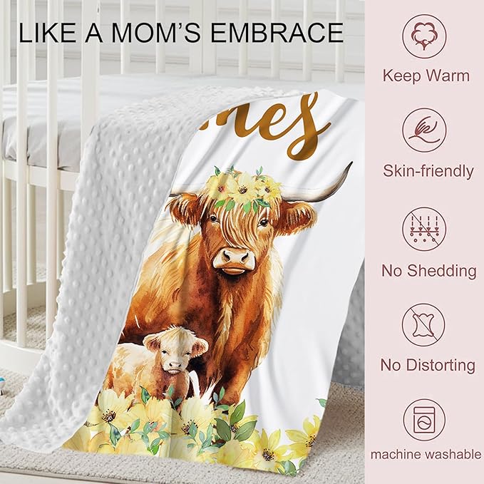 Personalized Crib Bedding Set for Girls, Custom Baby Crib Sets with Name, Yellow Flower Highland Cow Design Nursery Bedding 2 Piece - Soft Blanket with Double Layer Dotted Backing, Crib Fitted Sheet