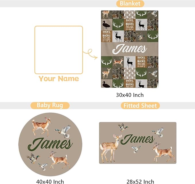 Personalized Crib Bedding Set - 3 Pcs Custom Name Baby Bedding Set for Nursery, Cool Double Layer Baby Crib Set for Boys Girls, Customized Gifts for Toddler Infant New Parents, Woodland Deer