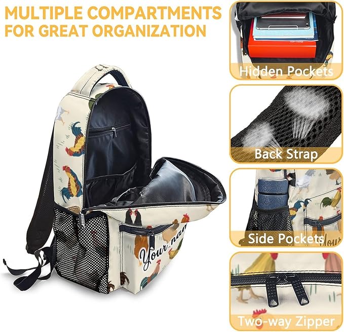 COOPASIA Personalized Chicken Backpack with Lunch Box and Pencil Case, 16 Inch Chicken Theme Bookbag with Adjustable Straps, Durable, Lightweight, Large Capacity, School Backpack for Girls Women