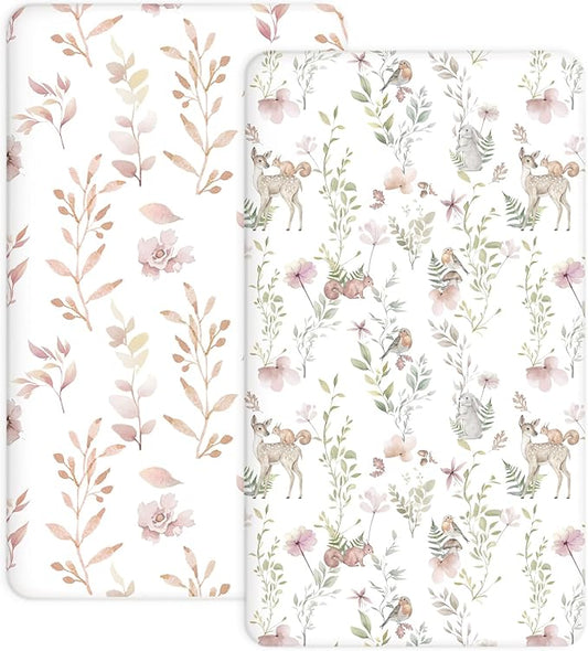Pack and Play Sheets 2 Pack, Fitted Jersey Knit Mini Crib Sheets for Baby Boys and Girls, Compatible with Graco Pack N Play and Mini Crib Mattress (Floral Fawn, Pack N Play/Mini Crib Sheets)