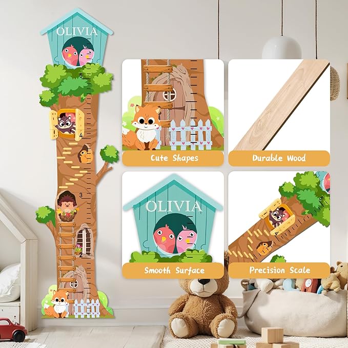 Personalized Name Growth Chart for Wall - Tree House Animals Kids Height Ruler, Wooden Growth Chart for Kids, Meaningful Memories Through Kid Size Chart Measurement