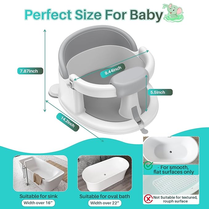 Inaya Baby Bath Seat for Babies 6 Months & Up, Non-Slip, Safe and Comfortable Bathub Chair for Sitting-Up, Ideal Open Design – Essential Bath Time Support (Grey)