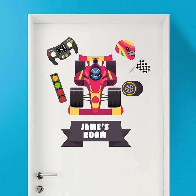 EGD Custom Race Car Door Decal with Name | Door Decals for Bedroom or Nursery | Personalized Vinyl Wall Decal for Kids Room | Fun Speedy Theme Wall Stickers for Boys (C. Race Car)
