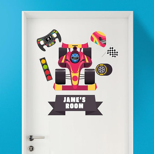 EGD Custom Race Car Door Decal with Name | Door Decals for Bedroom or Nursery | Personalized Vinyl Wall Decal for Kids Room | Fun Speedy Theme Wall Stickers for Boys (C. Race Car)