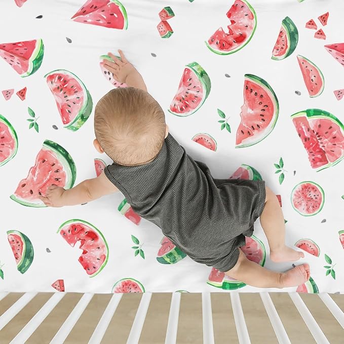 Watermelon Bites Leaves Baby Crib Sheets for Boy Girl 28"x52" Tropical Summer Fruits Soft Stretchy Fitted Crib Mattress Covers Beach Vacation Nursery Baby Sheet for Crib and Toddler Bed Mattresses