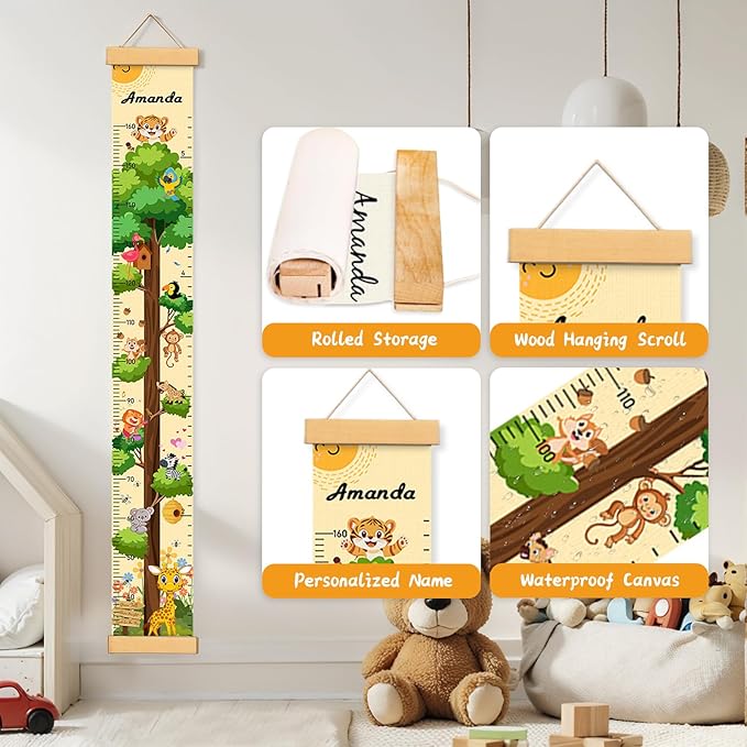 Woodemon Personalized Name Growth Chart for Wall, Painted Tree Animals Canvas Height Chart for Kids Baby Child Toddler, Canvas Growth Chart for Wall Nursery Decor, Hangable & Waterproof