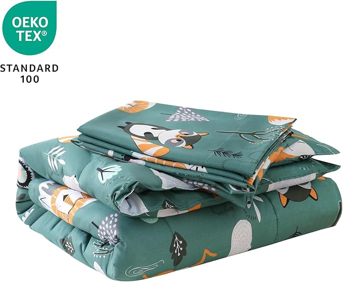 JSD Green Forest Animals Toddler Bedding Set, 4 Piece Bed-in-Bag Toddler Comforter Sheet Set, Machine Washable