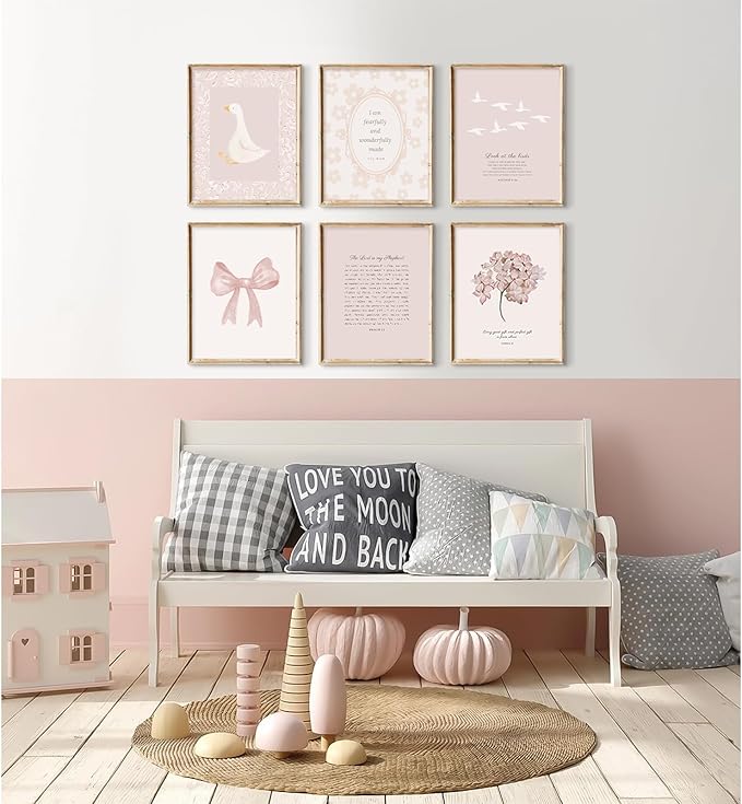Lhoiplme Nursery Christian Wall Art Bible Verse Prints Pink Girl Nursery Room Canvas Wall Decor Coquette Bow Poster Jesus Boho Scripture Picture Vintage Floral Artwork for Bedroom 8x10x6 Inch Unframed
