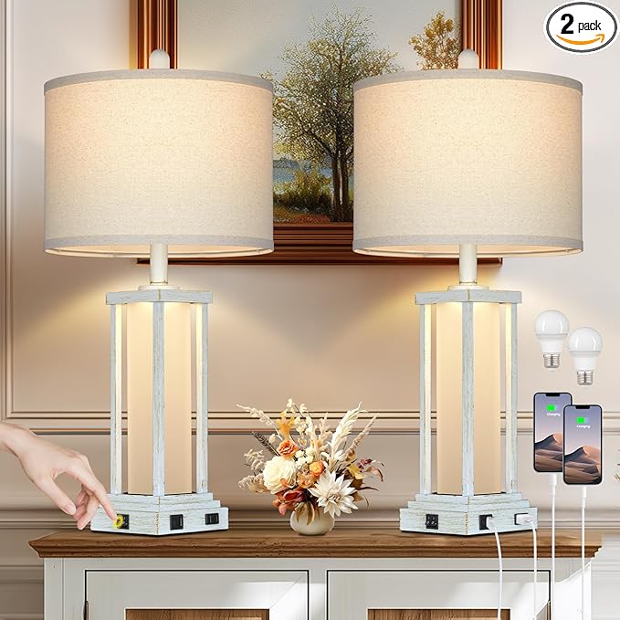 Cinkeda 27" Tall Vintage Table Lamp Set of 2 with USB C+A & Outlet,Nightstand Lamp for Living Room,Bedside Lamps with Frosted Glass Night Light for Bedroom Entryway,White