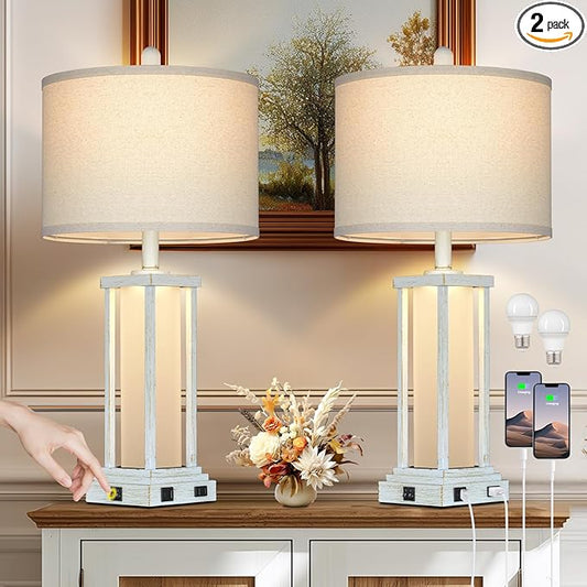 Cinkeda 27" Tall Vintage Table Lamp Set of 2 with USB C+A & Outlet,Nightstand Lamp for Living Room,Bedside Lamps with Frosted Glass Night Light for Bedroom Entryway,White