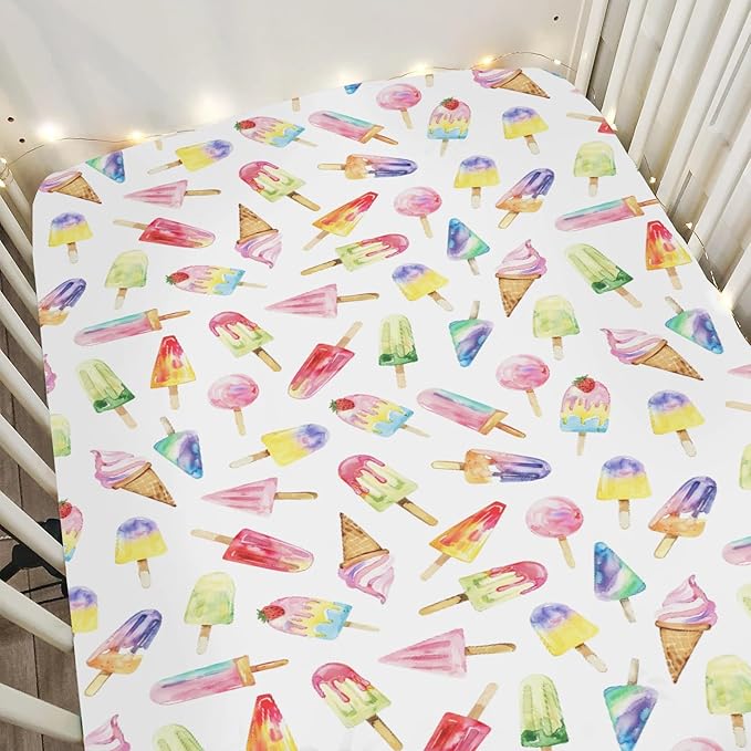 Watercolor Fruit Ice Cream Baby Crib Sheets for Boy Girl 52x28Inch Dessert Sweets Soft Stretchy Fitted Crib Mattress Cover Colourful Summer Nursery Baby Sheet for Crib and Toddler Bed Mattresses