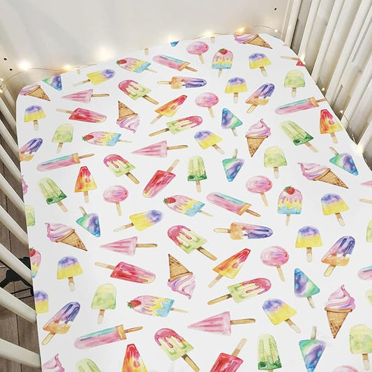 Watercolor Fruit Ice Cream Baby Crib Sheets for Boy Girl 52x28Inch Dessert Sweets Soft Stretchy Fitted Crib Mattress Cover Colourful Summer Nursery Baby Sheet for Crib and Toddler Bed Mattresses