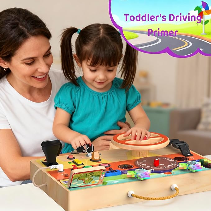 Montessori Wooden Busy Board with Steering Wheel & Driving Toys - Sensory Activity Boards for Toddlers 1-3, Car Themed Fidget Toy with Lights, Switches & Windmill Spinner, Travel Gift for Boys Girls