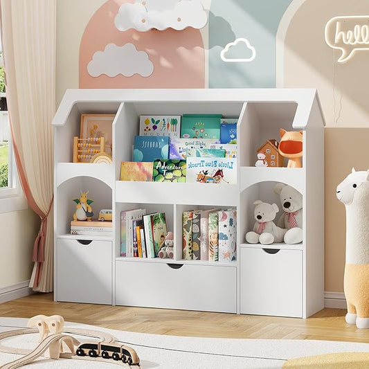 Halitaa Kids Bookshelf with Toy Storage, Castle-Shaped Bookshelf with 3 Movable Drawers and LED Lights, Toy Storage Organizer with 3-Tier Book Rack for Kids Room, Playroom, Nursery