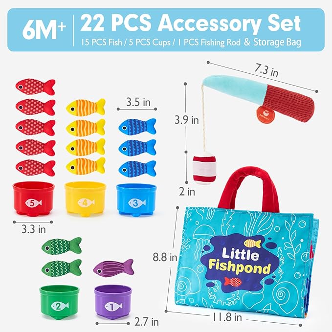 hahaland Toddler Toys Montessori Toys for 1 Year Old Boy Girl Birthday Gift - 10 in 1 Cloth Fishing Game Christmas Toddler Gifts 1-3 with Stacking Cups - Number Counting, Color Sorting Learning
