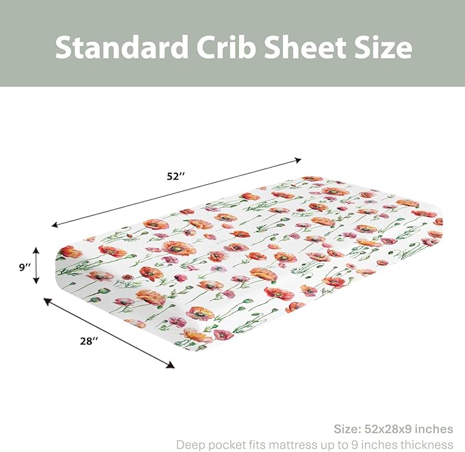 Watercolor Poppies Flowers Baby Crib Sheets for Boy Girl 28"x52" Red Poppies Green Leaves Soft Snug Fitted Crib Mattress Cover Spring Summer Floral Baby Sheet for Standard Crib & Toddler Mattress