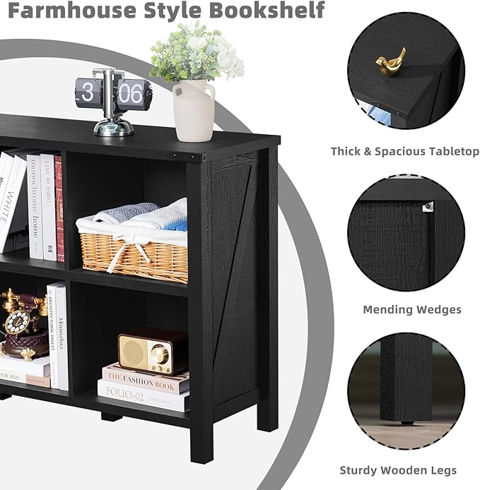Joaxswe 8 Cube Book Shelf, Farmhouse Wood Long Storage Organizer Bookcase, 62" Horizontal Black Console Closet Bookshelf, Hallway TV Stand for Entryway, Display Cabinet Book Case for Living Room