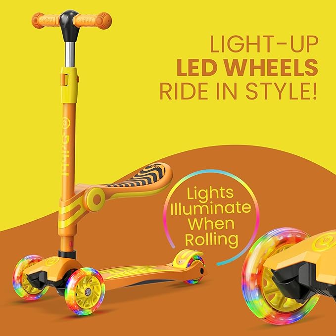 Orange 3 Wheel Scooter with Seat for Kids, Light-Up Wheels, Adjustable Lean to Steer Handlebar and Seat, Smooth Wheels, Wide No-Slip Deck, Rear Foot Brake, Toddler Outdoor Toys for Ages 2+