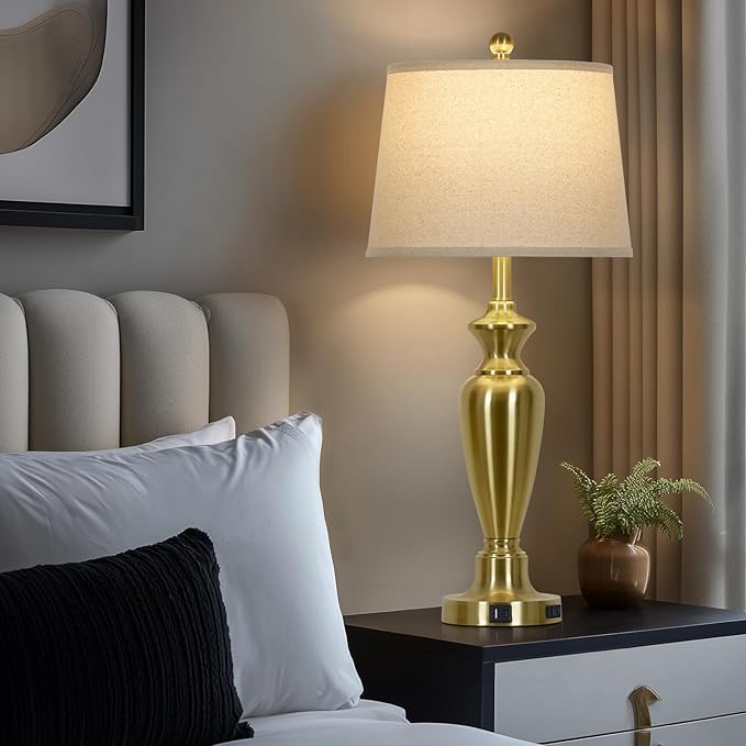 Cinyirong 30" Tall Gold Table Lamps Set of 2, Touch Control Bedside Lamp with USB A+C Ports and AC Outlet, 3-Way Dimmable Modern Metal Nightstand Lamp for Bedroom Living Room, 2 LED Bulbs Included