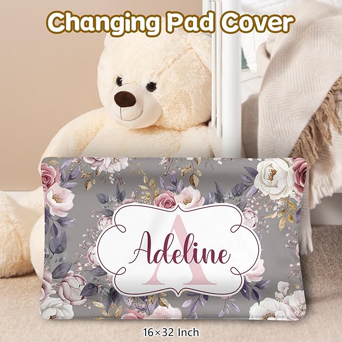 Personalized Baby Bedding - 5 Pcs Custom Name Bedding for Girls & Boys - Soft Toddler Crib Sets for Infant Customized Gifts, Rose