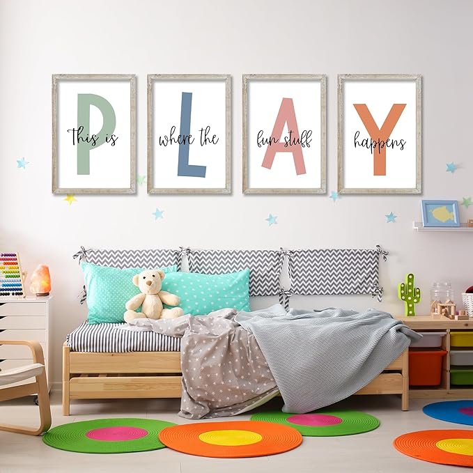 This Is Where The Fun Stuff Happens Kids Playroom Wall Art Decor 16x11 Inch Set Of 4 Rustic Kids Wood Framed Sign Toddler Modren Nursery Interesting Let's Play Prints Wall Hanging (White)