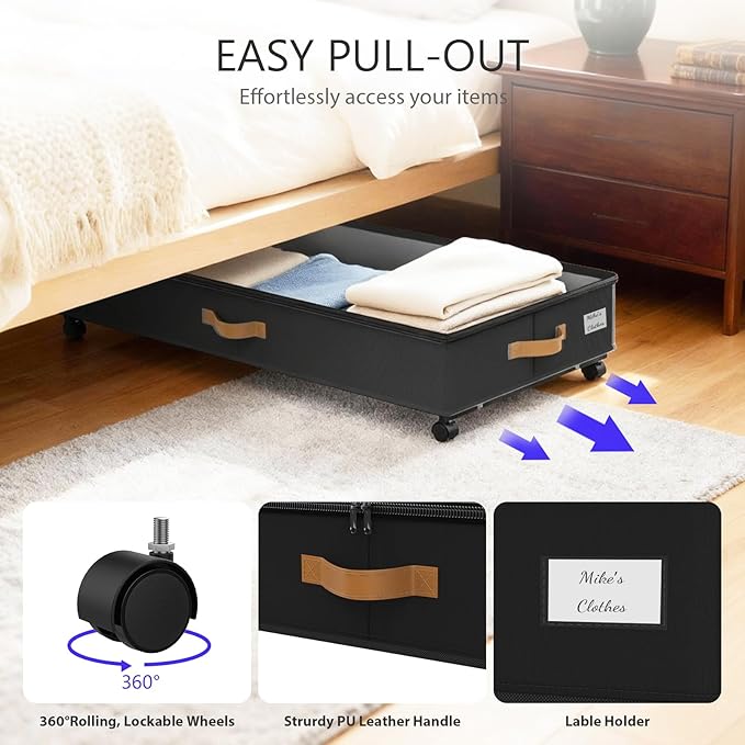 GOVEYONY Under Bed Storage with Wheels 2-Pack, 75L XXL Under the Bed Storage Containers Large, 12" Tall Adjustable Storage for Underbed with Lids, Rolling for Clothes, Shoes, Blankets (Black)