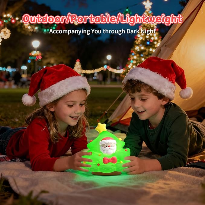 ICARER FAMILY Christmas Tree Night Light, Touch Control LED Lamp, Silicone Green with Yellow Star, USB Rechargeable, 3 Brightness with Auto-Off Feature, Indoor Bedroom Decor