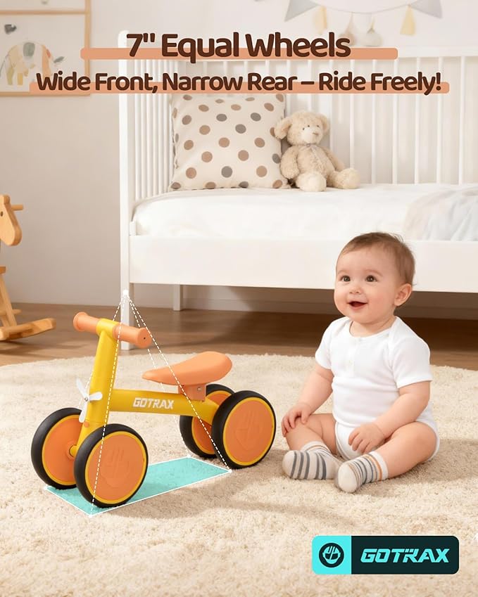 Gotrax Baby Balance Bike 1-2 Years, 7" Front&Rear Silent Wheels, Sturdy Steel Frame 66 lbs Load, Quick 2-Min Assembly, CPC Certified, Comfortable Soft Seat, Toddler Birthday Gift for Boys&Girls Yellow