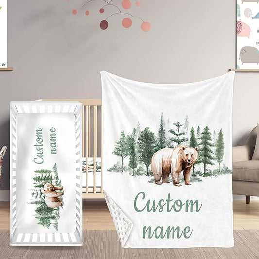 Woodland Bear Theme Personalized Crib Bedding Set - 2 Piece Custom Name Crib Set with Blanket and Crib Sheet for Infant, Crib Set for Newborns Infant, Comfort and Soft