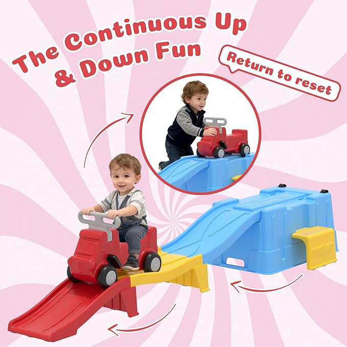 Up & Down Roller Coaster，Kids Ride On Toy，Toddler Push Car with Assembled Race Track & Storage Base Box, Indoor Outdoor Playset