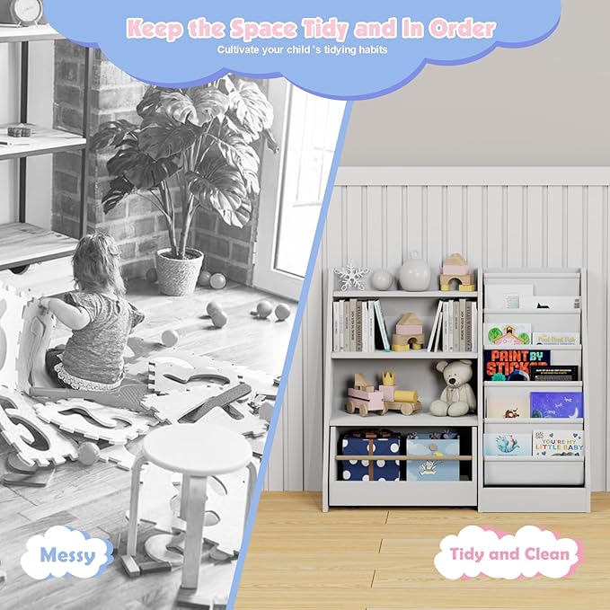 HedoAjim Kids Bookshelf with Toy Storage Organizer Movable Drawer, Toddler Bookcase 5 Sling Child Book Rack 4-Tier Shelf Cabinet Chest with Wheels for Nursery,Playroom,Bedroom,Living Room,Classroom